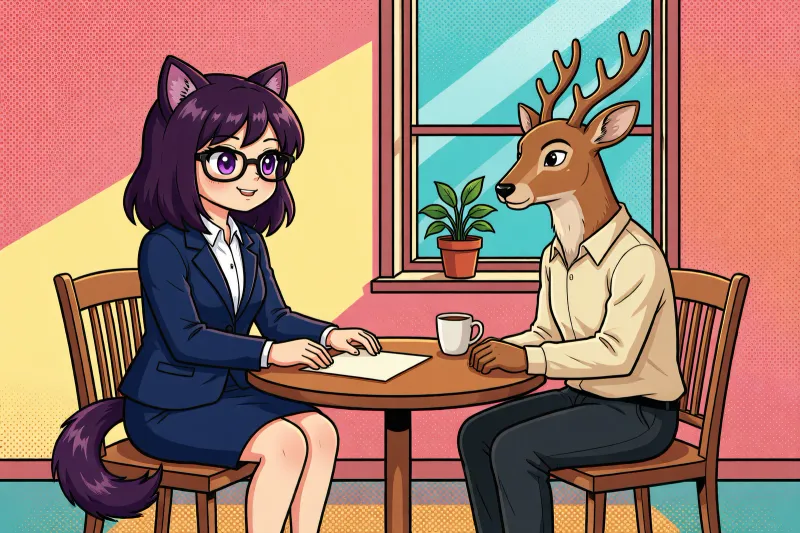 Vee standing beside a deer in a cream shirt, one hand raised in encouragement and the other resting supportfully on the deer's arm