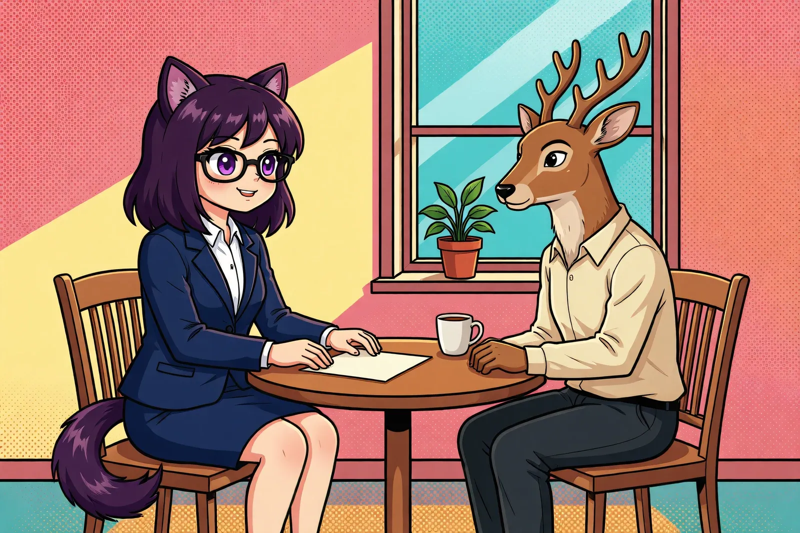 Vee standing beside a deer in a cream shirt, one hand raised in encouragement and the other resting supportfully on the deer's arm