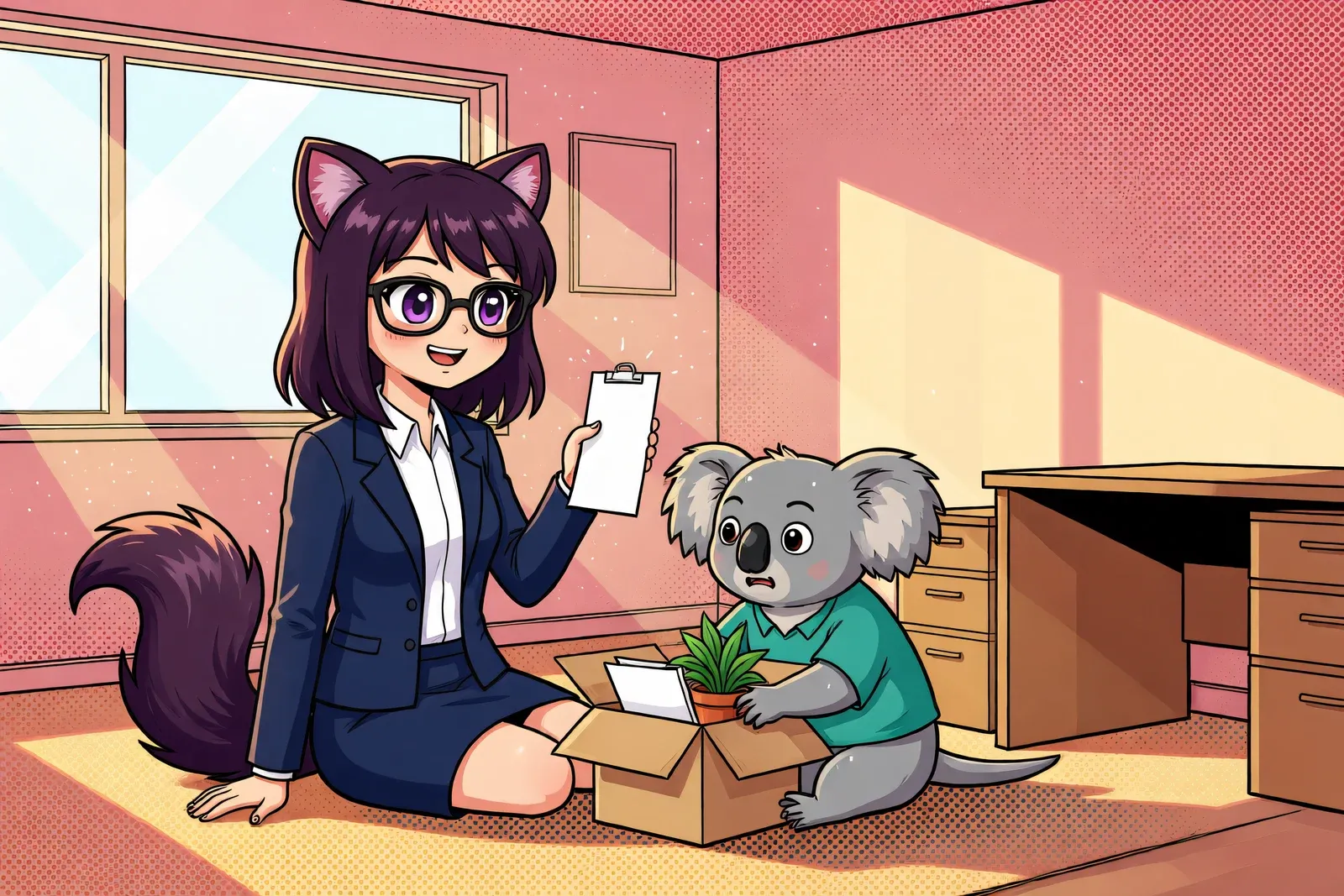 Vee sitting on the floor beside a koala in a teal shirt unpacking a box, holding up a blank checklist card