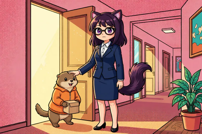 Vee beside a doorway, one hand on the shoulder of an otter in an orange jumper who is stepping through carrying a small box