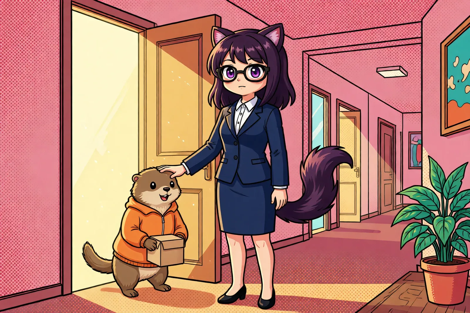 Vee beside a doorway, one hand on the shoulder of an otter in an orange jumper who is stepping through carrying a small box