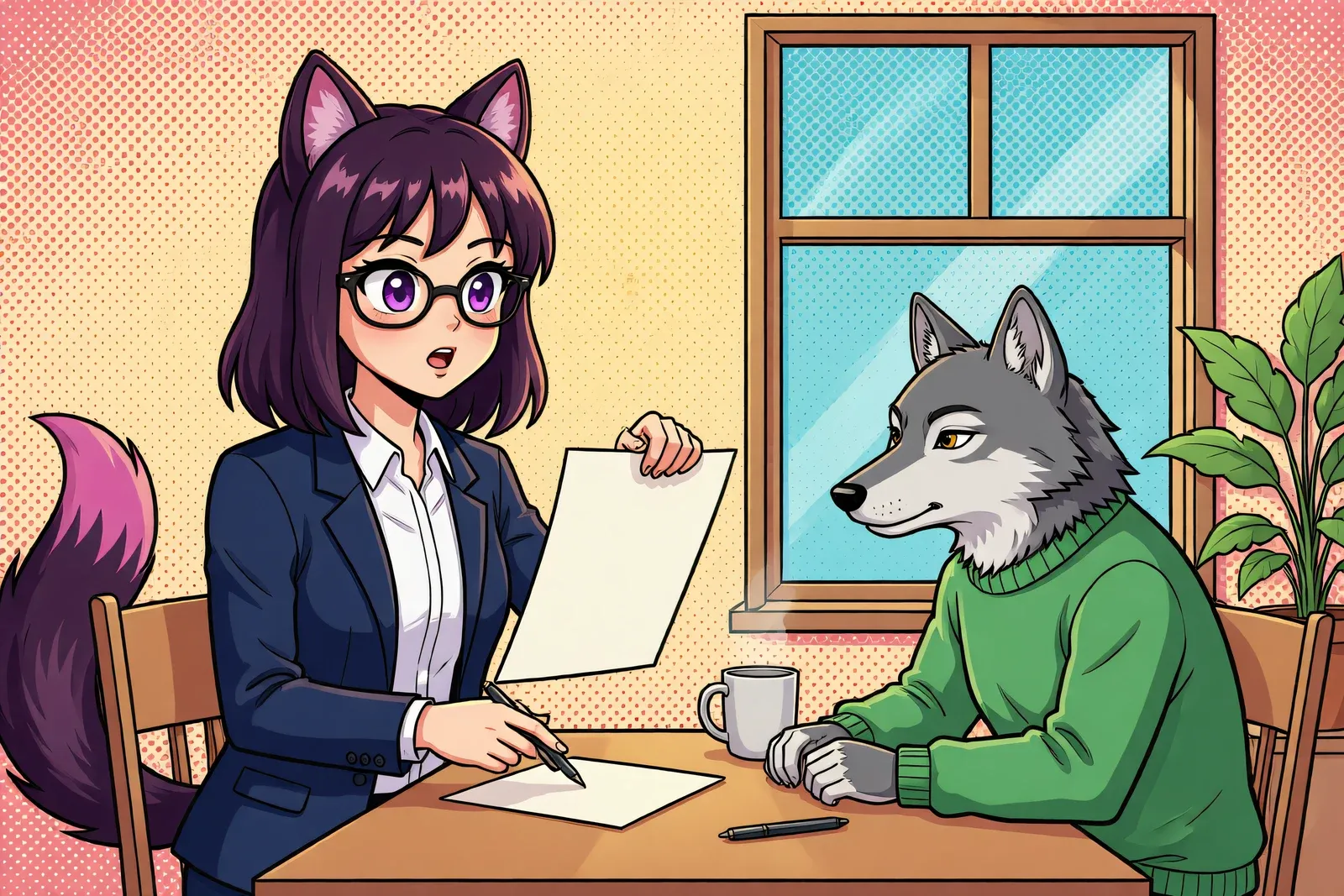 Vee holding up a blank sheet of paper while explaining something to a wolf in a green jumper