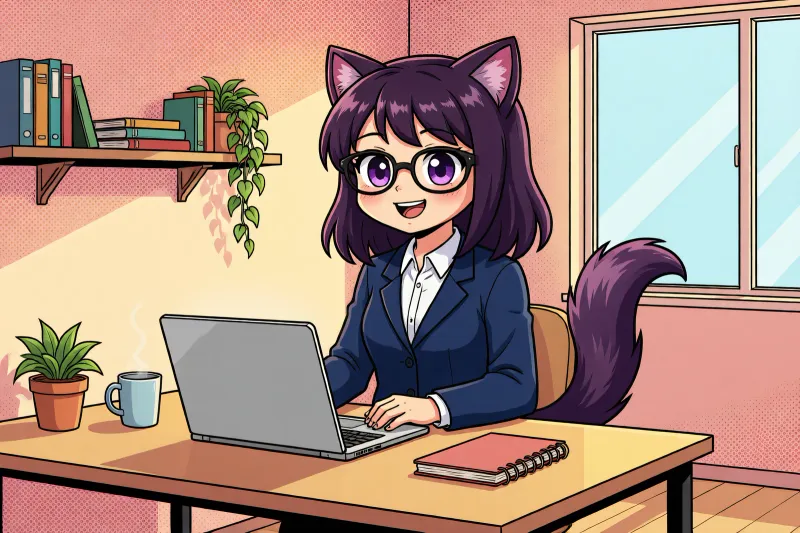 Vee at a tidy desk with an open laptop, looking relieved