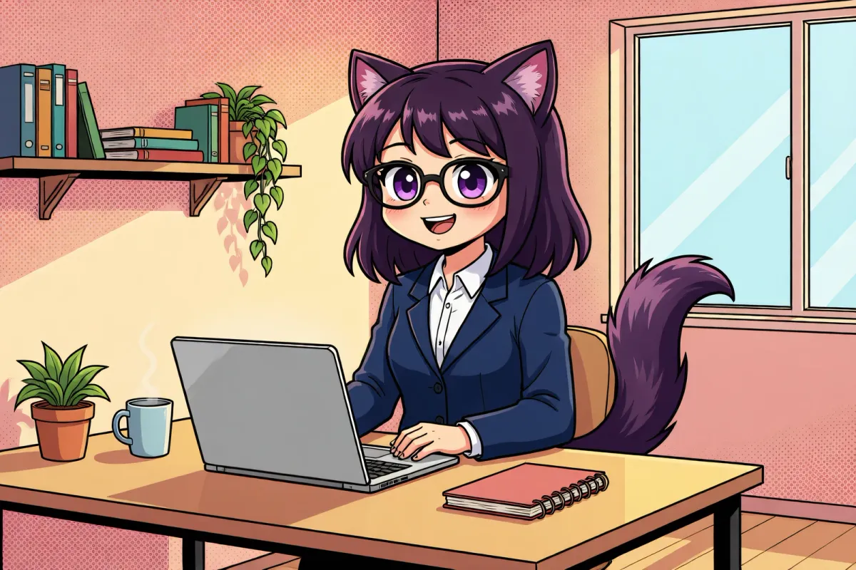 Vee at a tidy desk with an open laptop, looking relieved